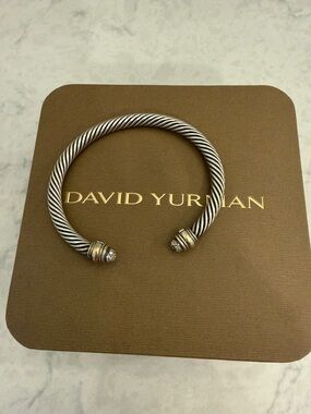 David Yurman Silver Cable Bracelet with Gold Accents and Diamond Ends